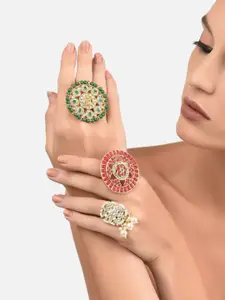 Zaveri Pearls Set Of 3 Gold-Plated White & Green Kundan-Studded & Beaded Finger Rings