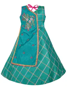 Wish Karo Sea Green Checked Satin A-Line Dress