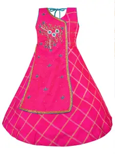 Wish Karo Pink Embellished Checked Satin A-Line Dress