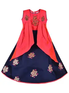 Wish Karo Navy Blue & Pink Embellished Layered Satin Ethnic Maxi Dress