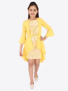 CUTECUMBER Girls Yellow Embellished Layered Georgette Dress