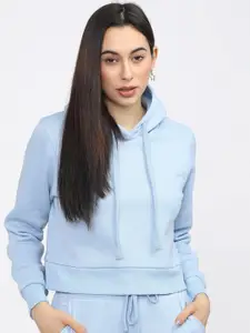 Tokyo Talkies Women Blue Crop Hooded Sweatshirt
