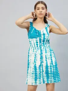 RARE Blue & White Tie and Dye Dyed Crepe Knee Length Dress