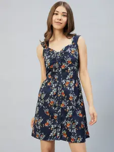 RARE Navy Blue Floral Crepe A-Line Dress