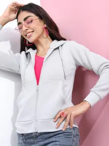 Tokyo Talkies Women Grey Solid Hooded Sweatshirt