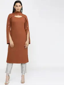 Vishudh Women Orange Flared Sleeves Thread Work Kurta