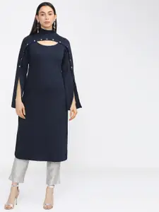 Vishudh Women Navy Blue Flared Sleeves Thread Work Kurta