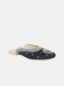 W Women Navy Blue Embroidered Leather Party Mules Flats