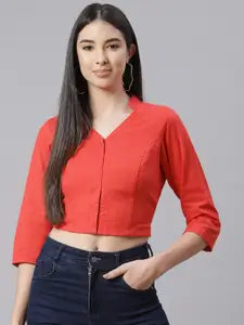 Ayaany Coral Red Solid Pure Cotton Mandarin Collar Crop Top