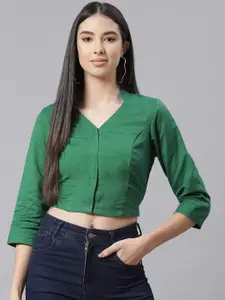 Ayaany Green Solid Pure Cotton Mandarin Collar Crop Top