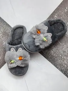 Brauch Women Grey & Orange Kitty Winter Room Slippers