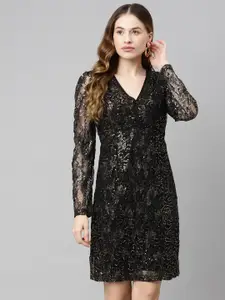 Purple State Black Floral Lace Sequinned Sheath Dress