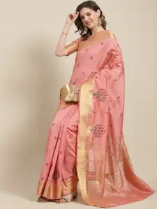 SERONA FABRICS Peach-Coloured Floral Embroidered Silk Blend Ready to Wear Saree