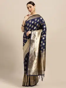 Saree mall Navy Blue Floral Silk Blend Banarasi Saree