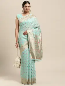 Saree mall Turquoise Blue Ethnic Motifs Silk Blend Banarasi Saree