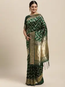 Saree mall Green Chevron Striped Silk Blend Banarasi Saree