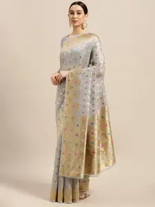 Saree mall Grey Ethnic Motifs Silk Blend Banarasi Saree