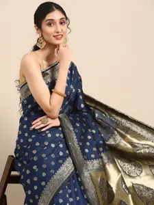 Anouk Navy Blue & Gold-Coloured Woven Design Pure Silk Saree