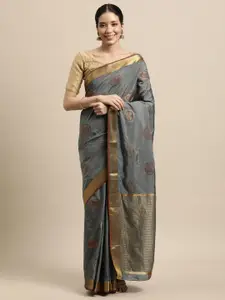 Mitera Grey & Gold-Toned Ethnic Motifs Zari Art Silk Kanjeevaram Saree