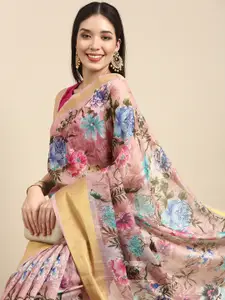 Anouk Pink Floral Printed Linen Blend Saree