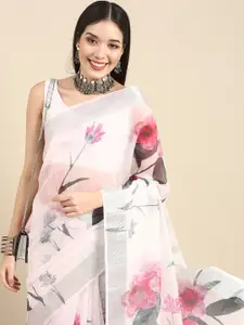 Anouk White Floral Printed Linen Blend Saree