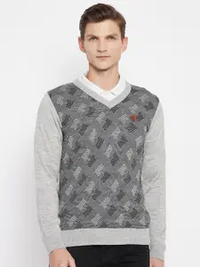 Duke Men Grey Self Design Pullover Wool Sweater