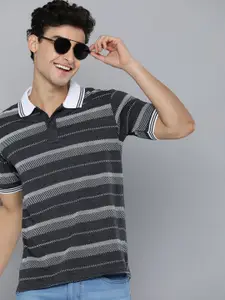 HERE&NOW Men Charcoal Grey & White Striped Polo Collar T-shirt