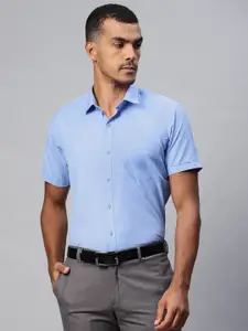 MANQ Men Blue Solid Short Sleeves Spread Collar Formal Shirt