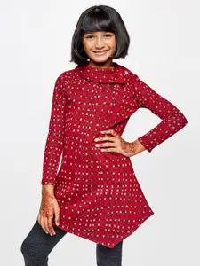 Global Desi Girls Red & Beige Geometric Print Longline Top