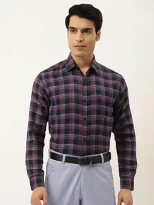 JAINISH Men Navy Blue & Pink Checked Pure Cotton Comfort Fit Formal Shirt