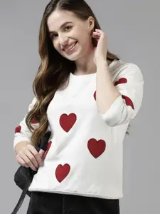The Dry State Women White & Red Heart Applique Sweatshirt