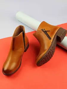 Shoetopia Girls Tan Solid Block Heeled Boots