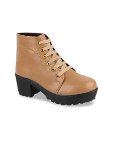 Shoetopia Girls Beige & Black Solid Platform Heeled Boots