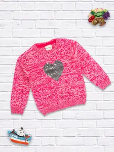 MeeMee Girls Pink & Grey Printed Woolen Pullover with Embellished Detail