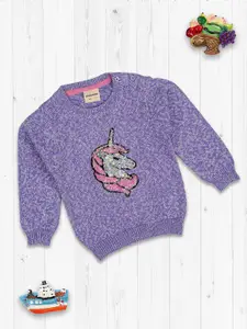 MeeMee Girls Purple & Pink Printed Pullover with Embellished Detail