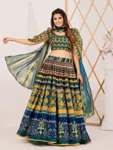 SHOPGARB Green & Blue Printed Semi-Stitched Lehenga & Unstitched Blouse With Dupatta