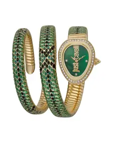 Just Cavalli Women Green Brass Embellished Dial & Gold Toned Stainless Steel Wrap Around Straps Digital Watch