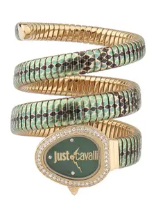 Just Cavalli Women Silver-Toned Brass Embellished Dial & Rose Gold-Plated Stainless Steel Bracelet Style Watch