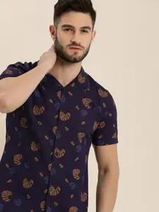 Moda Rapido Men Navy Blue & Brown Pure Cotton Slim Fit Floral Printed Sustainable Casual Shirt
