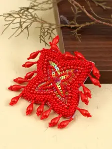 Crunchy Fashion Silver-Plated & Red Beaded Boho Finger Ring