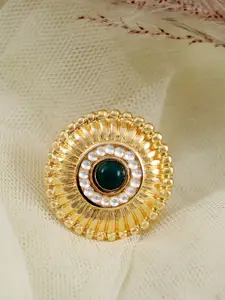 Crunchy Fashion Gold-Plated White & Green Stone Studded Adjustable Finger Ring