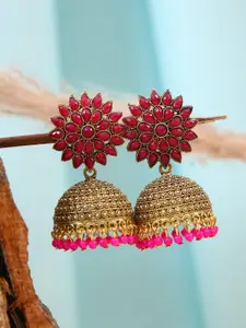 Crunchy Fashion Gold-Plated & Pink Contemporary Jhumkas