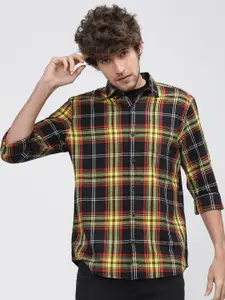 HIGHLANDER Men Black Slim Fit Tartan Checks Checked Cotton Casual Shirt