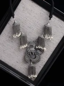 PANASH Silver-Toned & Grey Pearls German Silver Oxidised Necklace