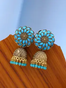 Crunchy Fashion Blue Gold-Plated Floral Jhumka Earrings