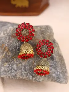 Crunchy Fashion Red & Gold-Plated Floral Jhumkas