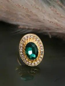 Crunchy Fashion Gold-Plated Green & White Kundan-Studded Adjustable Finger Ring