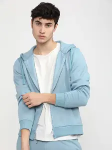 HIGHLANDER Men Blue Solid Hooded Front Open Sweatshirt