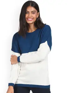 Sugr Women Teal & White Colour Blocked Sweater