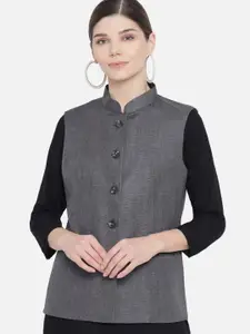 Vastraa Fusion Women Charcoal Grey Woven-Design Nehru Jacket